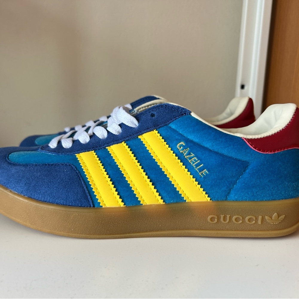 Gucci x Adidas Blue and Yellow Gazelles with Vibrant Design